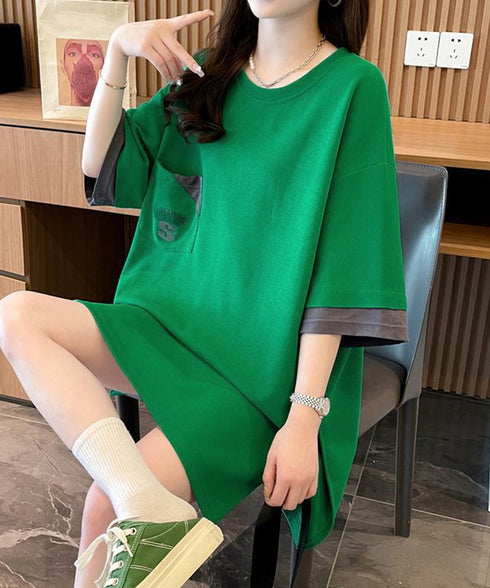 オーバーサイズTシャツチュニックtシャツ 韓国風半袖Tシャツ クルーネックカットソー ゆったりプルオーバー 楽ちん体型カバーTシャツワンピースロゴ 大人カジュアル 80YIGL-010