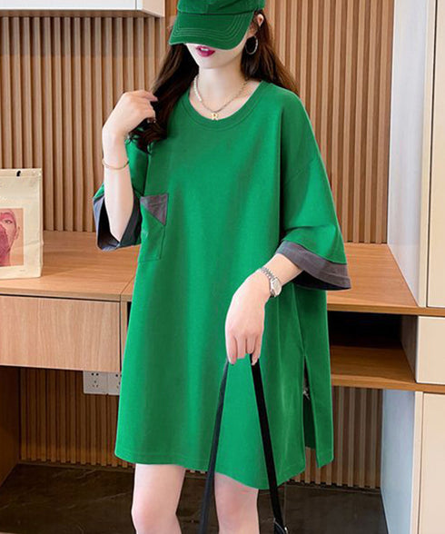 オーバーサイズTシャツチュニックtシャツ 韓国風半袖Tシャツ クルーネックカットソー ゆったりプルオーバー 楽ちん体型カバーTシャツワンピースロゴ 大人カジュアル 80YIGL-010