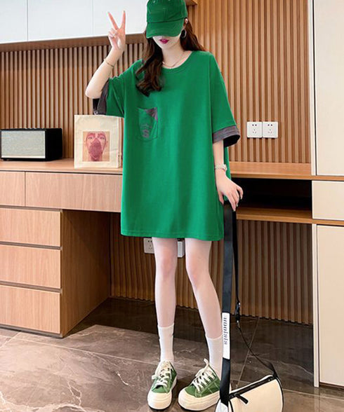 オーバーサイズTシャツチュニックtシャツ 韓国風半袖Tシャツ クルーネックカットソー ゆったりプルオーバー 楽ちん体型カバーTシャツワンピースロゴ 大人カジュアル 80YIGL-010