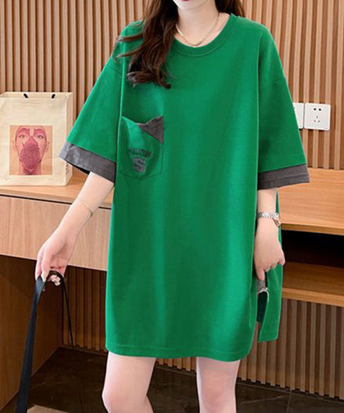 オーバーサイズTシャツチュニックtシャツ 韓国風半袖Tシャツ クルーネックカットソー ゆったりプルオーバー 楽ちん体型カバーTシャツワンピースロゴ 大人カジュアル 80YIGL-010