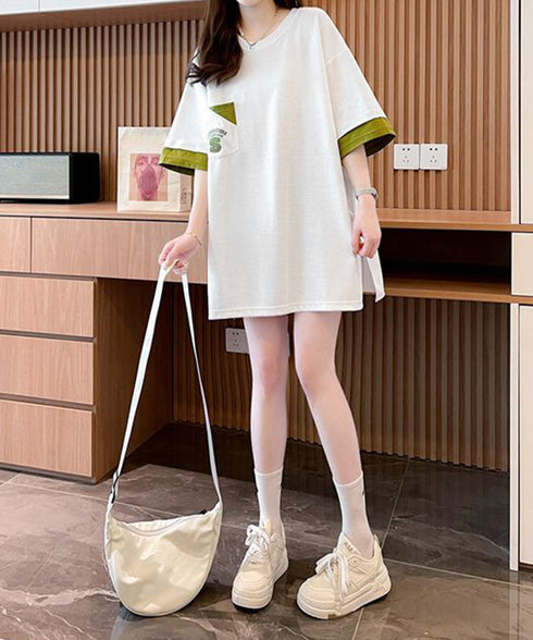 オーバーサイズTシャツチュニックtシャツ 韓国風半袖Tシャツ クルーネックカットソー ゆったりプルオーバー 楽ちん体型カバーTシャツワンピースロゴ 大人カジュアル 80YIGL-010