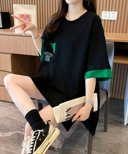 オーバーサイズTシャツチュニックtシャツ 韓国風半袖Tシャツ クルーネックカットソー ゆったりプルオーバー 楽ちん体型カバーTシャツワンピースロゴ 大人カジュアル 80YIGL-010