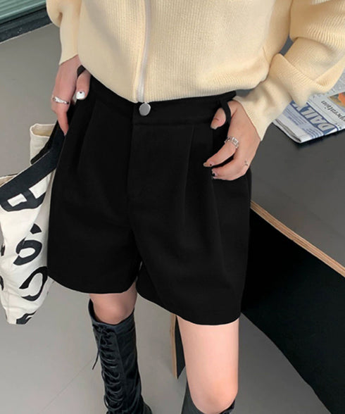 タックショートパンツウール風ワイドパンツ レディース ハイウエストハーフパンツ 無地半ズボン秋冬 着やせ シンプルショーパン ゆったり スラックス短パン 美脚脚長 80YIGL-011