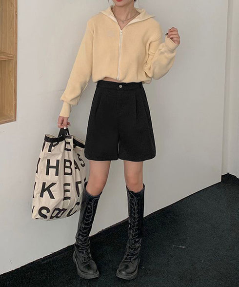 タックショートパンツウール風ワイドパンツ レディース ハイウエストハーフパンツ 無地半ズボン秋冬 着やせ シンプルショーパン ゆったり スラックス短パン 美脚脚長 80YIGL-011