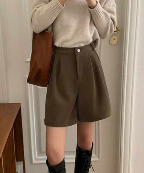 タックショートパンツウール風ワイドパンツ レディース ハイウエストハーフパンツ 無地半ズボン秋冬 着やせ シンプルショーパン ゆったり スラックス短パン 美脚脚長 80YIGL-011