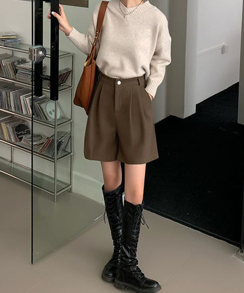 タックショートパンツウール風ワイドパンツ レディース ハイウエストハーフパンツ 無地半ズボン秋冬 着やせ シンプルショーパン ゆったり スラックス短パン 美脚脚長 80YIGL-011