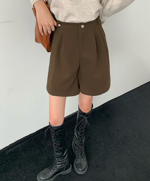 タックショートパンツウール風ワイドパンツ レディース ハイウエストハーフパンツ 無地半ズボン秋冬 着やせ シンプルショーパン ゆったり スラックス短パン 美脚脚長 80YIGL-011