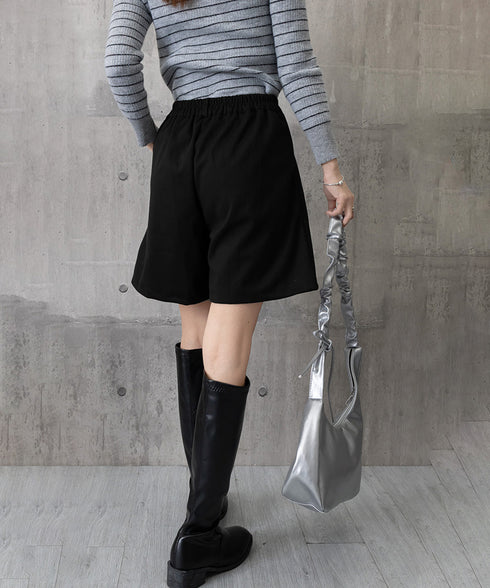 タックショートパンツウール風ワイドパンツ レディース ハイウエストハーフパンツ 無地半ズボン秋冬 着やせ シンプルショーパン ゆったり スラックス短パン 美脚脚長 80YIGL-011