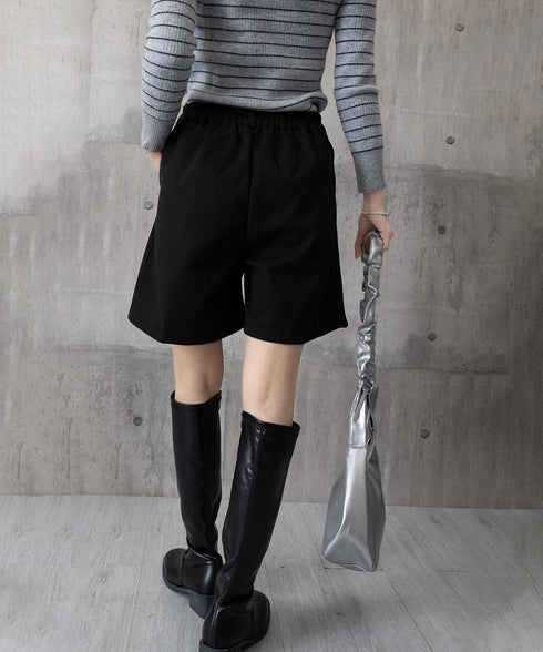 タックショートパンツウール風ワイドパンツ レディース ハイウエストハーフパンツ 無地半ズボン秋冬 着やせ シンプルショーパン ゆったり スラックス短パン 美脚脚長 80YIGL-011