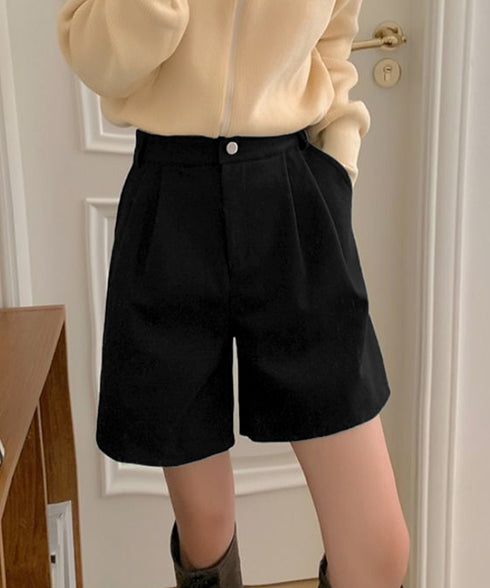 タックショートパンツウール風ワイドパンツ レディース ハイウエストハーフパンツ 無地半ズボン秋冬 着やせ シンプルショーパン ゆったり スラックス短パン 美脚脚長 80YIGL-011