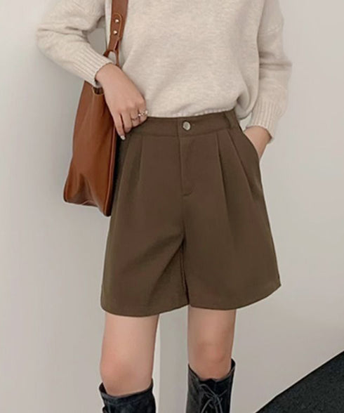 タックショートパンツウール風ワイドパンツ レディース ハイウエストハーフパンツ 無地半ズボン秋冬 着やせ シンプルショーパン ゆったり スラックス短パン 美脚脚長 80YIGL-011