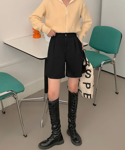 タックショートパンツウール風ワイドパンツ レディース ハイウエストハーフパンツ 無地半ズボン秋冬 着やせ シンプルショーパン ゆったり スラックス短パン 美脚脚長 80YIGL-011