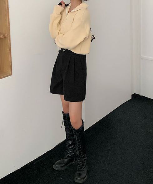 タックショートパンツウール風ワイドパンツ レディース ハイウエストハーフパンツ 無地半ズボン秋冬 着やせ シンプルショーパン ゆったり スラックス短パン 美脚脚長 80YIGL-011