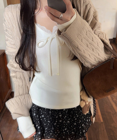 フロントレース リボントップスレディース Vネック 長袖tシャツ おしゃれ 細見えトップス 可愛い肌着 フェミニンカットソ フィット春秋服無地 冬インナートップス 80YIGL-012