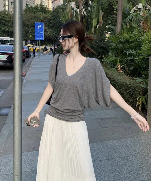 VネックTシャツ レースキャミソール単品 ドルマンスリーブtシャツ半袖 オフショルダーTシャツ 半袖無地t 薄手トップス インナーキャミソール 2タイプ選べる夏服 80YIKLI-001