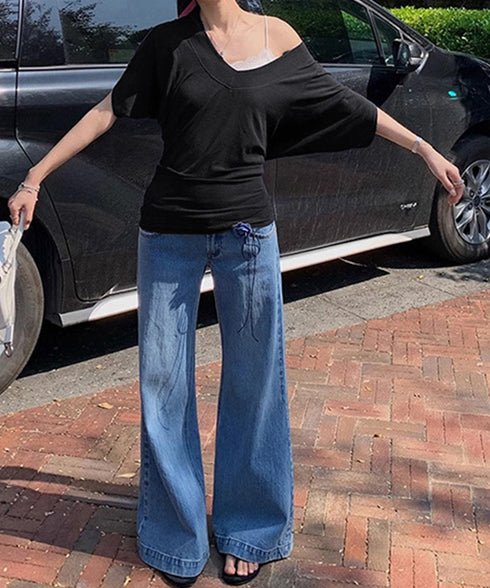 VネックTシャツ レースキャミソール単品 ドルマンスリーブtシャツ半袖 オフショルダーTシャツ 半袖無地t 薄手トップス インナーキャミソール 2タイプ選べる夏服 80YIKLI-001