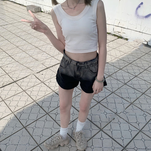 デニム ショートパンツ美脚グラデーション レディース 可愛い カラー デニム短パン ロールアップ おしゃれ ミニデニム 春秋夏 ハイウエスト韓国ジーパン Aライン 80YIRAN-001