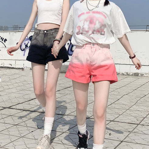 デニム ショートパンツ美脚グラデーション レディース 可愛い カラー デニム短パン ロールアップ おしゃれ ミニデニム 春秋夏 ハイウエスト韓国ジーパン Aライン 80YIRAN-001