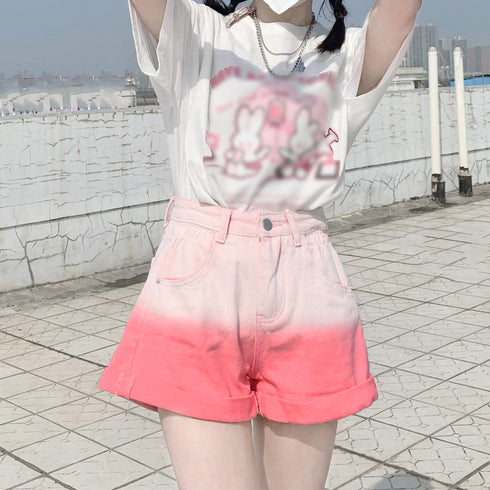 デニム ショートパンツ美脚グラデーション レディース 可愛い カラー デニム短パン ロールアップ おしゃれ ミニデニム 春秋夏 ハイウエスト韓国ジーパン Aライン 80YIRAN-001