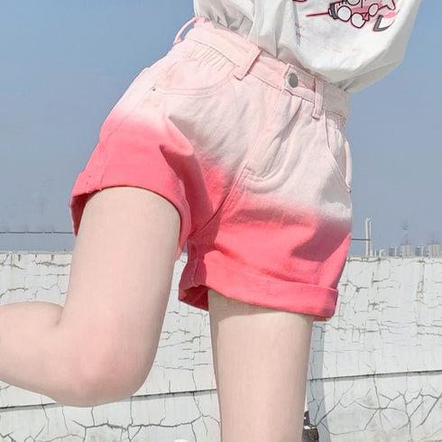 デニム ショートパンツ美脚グラデーション レディース 可愛い カラー デニム短パン ロールアップ おしゃれ ミニデニム 春秋夏 ハイウエスト韓国ジーパン Aライン 80YIRAN-001