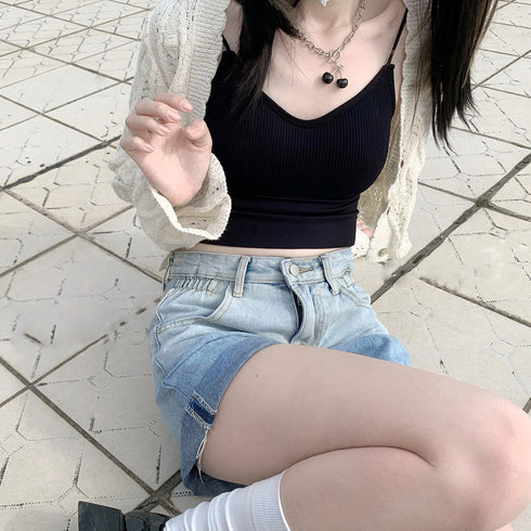 デニム ショートパンツ美脚グラデーション レディース 可愛い カラー デニム短パン ロールアップ おしゃれ ミニデニム 春秋夏 ハイウエスト韓国ジーパン Aライン 80YIRAN-001