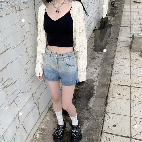 デニム ショートパンツ美脚グラデーション レディース 可愛い カラー デニム短パン ロールアップ おしゃれ ミニデニム 春秋夏 ハイウエスト韓国ジーパン Aライン 80YIRAN-001