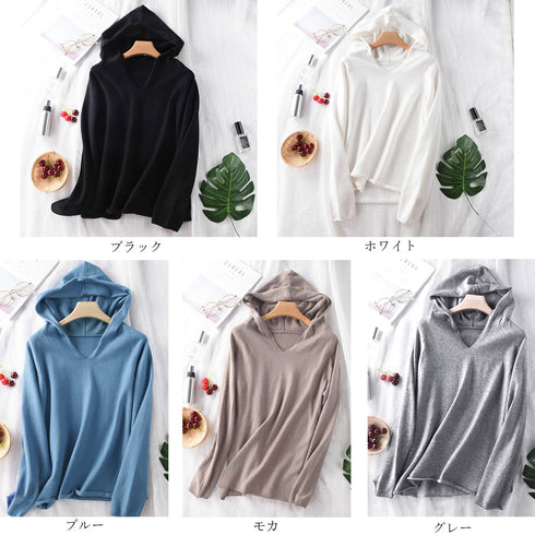 フード付き ニットトップス レディース フード付き ニットトップス レディース Vネック ニットセーター 長袖 シンプル ニットパーカー プルオーバー 秋冬 80YIXIANG-001