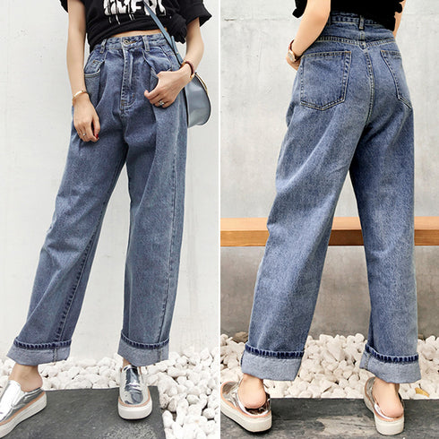 ハイウエスト タックデニムパンツ 韓国 レディース ストレートデニム ワイドパンツ 春夏秋冬 ゆったり ジーンズ ジーパン 股上深め こなれ感 デニム おしゃれ 80YT-014