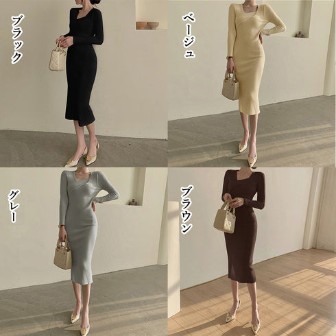 タイト ニットワンピース クロスネック レディース きれいめ リブニット ロングワンピース バックスリット 秋冬 長袖ワンピース 着やせ フェミニン 80YT-021