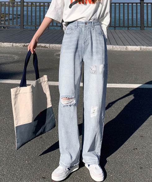 ダメージデニムパンツハイウエストジーパン レディース 大人カジュアル ロングパンツ 着やせ ストレートジーンズ 韓国風 セミワイドパンツ ヴィンテージジーンズ無地 80YT-036
