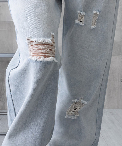 ダメージデニムパンツハイウエストジーパン レディース 大人カジュアル ロングパンツ 着やせ ストレートジーンズ 韓国風 セミワイドパンツ ヴィンテージジーンズ無地 80YT-036