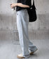 ダメージデニムパンツハイウエストジーパン レディース 大人カジュアル ロングパンツ 着やせ ストレートジーンズ 韓国風 セミワイドパンツ ヴィンテージジーンズ無地 80YT-036
