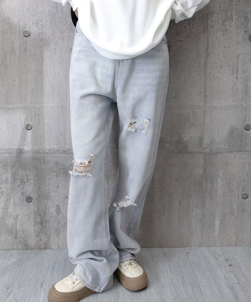 ダメージデニムパンツハイウエストジーパン レディース 大人カジュアル ロングパンツ 着やせ ストレートジーンズ 韓国風 セミワイドパンツ ヴィンテージジーンズ無地 80YT-036