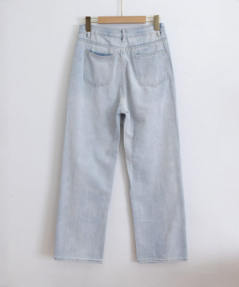 ダメージデニムパンツハイウエストジーパン レディース 大人カジュアル ロングパンツ 着やせ ストレートジーンズ 韓国風 セミワイドパンツ ヴィンテージジーンズ無地 80YT-036