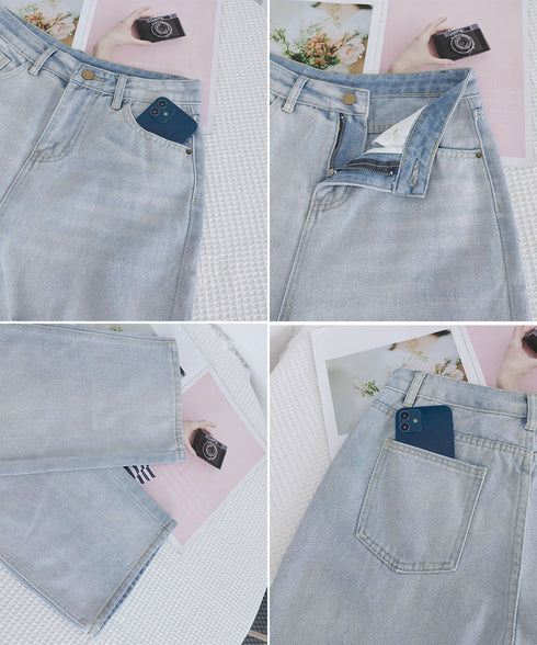 ダメージデニムパンツハイウエストジーパン レディース 大人カジュアル ロングパンツ 着やせ ストレートジーンズ 韓国風 セミワイドパンツ ヴィンテージジーンズ無地 80YT-036