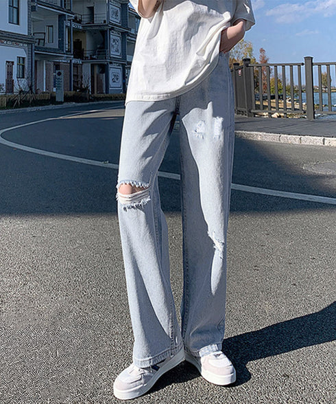 ダメージデニムパンツハイウエストジーパン レディース 大人カジュアル ロングパンツ 着やせ ストレートジーンズ 韓国風 セミワイドパンツ ヴィンテージジーンズ無地 80YT-036