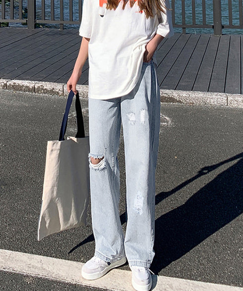 ダメージデニムパンツハイウエストジーパン レディース 大人カジュアル ロングパンツ 着やせ ストレートジーンズ 韓国風 セミワイドパンツ ヴィンテージジーンズ無地 80YT-036