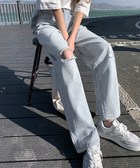 ダメージデニムパンツハイウエストジーパン レディース 大人カジュアル ロングパンツ 着やせ ストレートジーンズ 韓国風 セミワイドパンツ ヴィンテージジーンズ無地 80YT-036