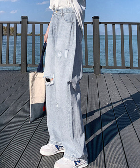 ダメージデニムパンツハイウエストジーパン レディース 大人カジュアル ロングパンツ 着やせ ストレートジーンズ 韓国風 セミワイドパンツ ヴィンテージジーンズ無地 80YT-036