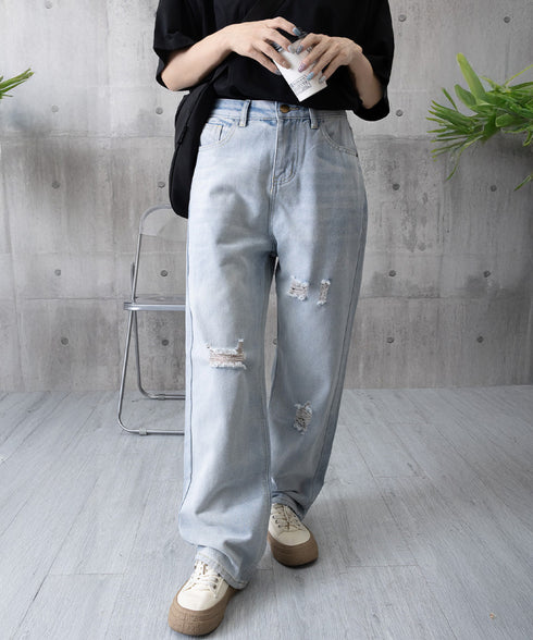 ダメージデニムパンツハイウエストジーパン レディース 大人カジュアル ロングパンツ 着やせ ストレートジーンズ 韓国風 セミワイドパンツ ヴィンテージジーンズ無地 80YT-036