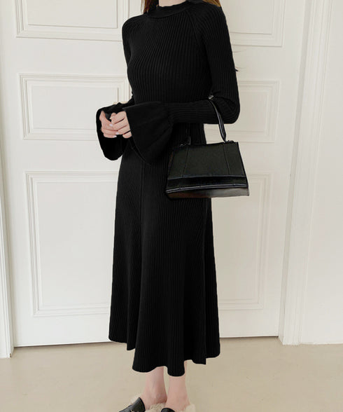 キーホールネックリブニットワンピース秋冬 レディース フレアスリーブワンピース 前後2wayモックネックロングワンピ 上品ベル袖Aラインワンピ ボディラインニット 80YT-037