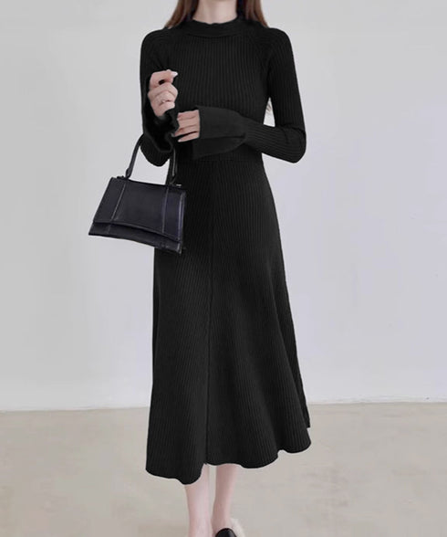 キーホールネックリブニットワンピース秋冬 レディース フレアスリーブワンピース 前後2wayモックネックロングワンピ 上品ベル袖Aラインワンピ ボディラインニット 80YT-037