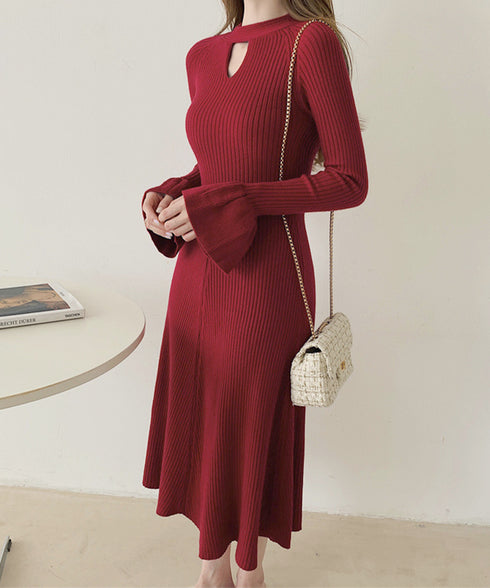 キーホールネックリブニットワンピース秋冬 レディース フレアスリーブワンピース 前後2wayモックネックロングワンピ 上品ベル袖Aラインワンピ ボディラインニット 80YT-037