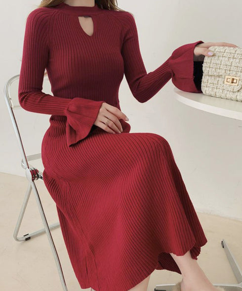 キーホールネックリブニットワンピース秋冬 レディース フレアスリーブワンピース 前後2wayモックネックロングワンピ 上品ベル袖Aラインワンピ ボディラインニット 80YT-037