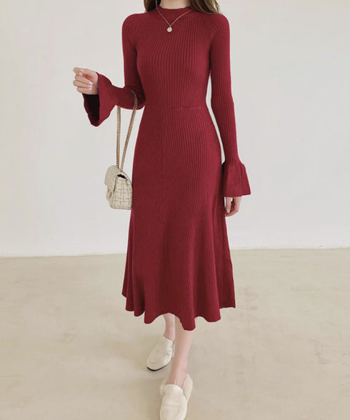 キーホールネックリブニットワンピース秋冬 レディース フレアスリーブワンピース 前後2wayモックネックロングワンピ 上品ベル袖Aラインワンピ ボディラインニット 80YT-037