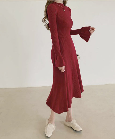 キーホールネックリブニットワンピース秋冬 レディース フレアスリーブワンピース 前後2wayモックネックロングワンピ 上品ベル袖Aラインワンピ ボディラインニット 80YT-037