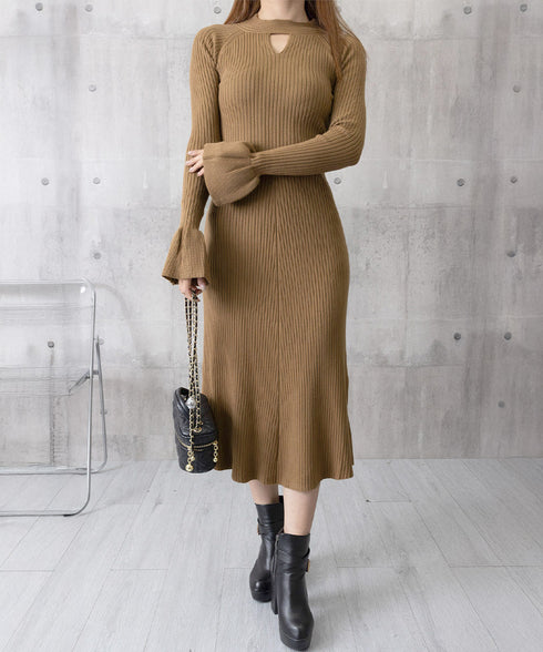 キーホールネックリブニットワンピース秋冬 レディース フレアスリーブワンピース 前後2wayモックネックロングワンピ 上品ベル袖Aラインワンピ ボディラインニット 80YT-037
