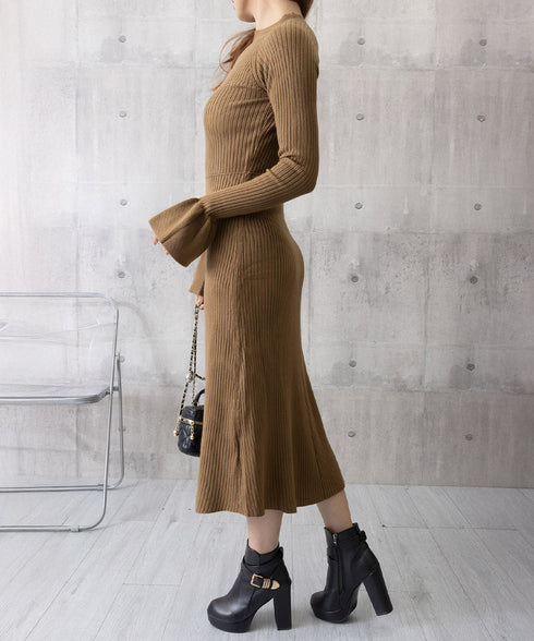 キーホールネックリブニットワンピース秋冬 レディース フレアスリーブワンピース 前後2wayモックネックロングワンピ 上品ベル袖Aラインワンピ ボディラインニット 80YT-037