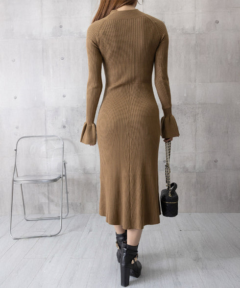 キーホールネックリブニットワンピース秋冬 レディース フレアスリーブワンピース 前後2wayモックネックロングワンピ 上品ベル袖Aラインワンピ ボディラインニット 80YT-037