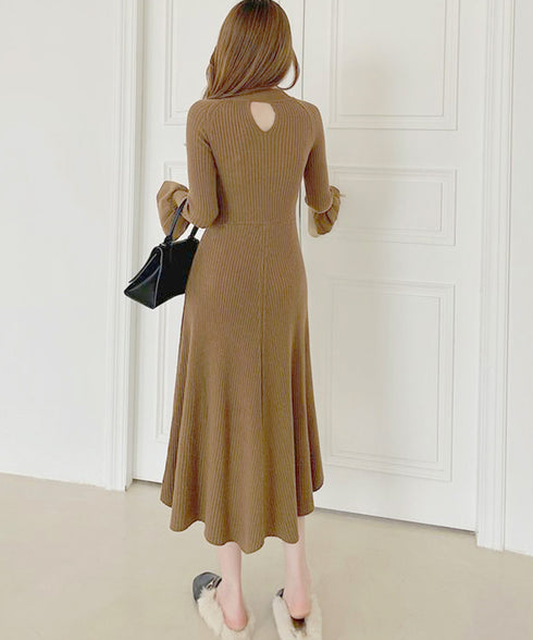 キーホールネックリブニットワンピース秋冬 レディース フレアスリーブワンピース 前後2wayモックネックロングワンピ 上品ベル袖Aラインワンピ ボディラインニット 80YT-037